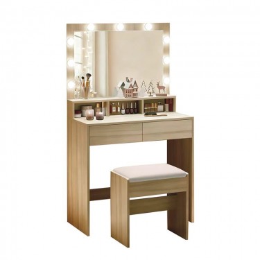 LUCY Set Τουαλέτα με Σκαμπό, Απόχρωση Sonoma, Καθρέπτης LED & θύρα USB  80x40x75/140cm [-Μπεζ-Tortora-Sand-Cappuccino-, -Φυσικό-] [-MDF - Κόντρα Πλακέ - Καπλαμάς - Νοβοπάν-, -Ύφασμα-] Ε5359,2