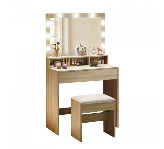 LUCY Set Τουαλέτα με Σκαμπό, Απόχρωση Sonoma, Καθρέπτης LED & θύρα USB  80x40x75/140cm [-Μπεζ-Tortora-Sand-Cappuccino-, -Φυσικό-] [-MDF - Κόντρα Πλακέ - Καπλαμάς - Νοβοπάν-, -Ύφασμα-] Ε5359,2