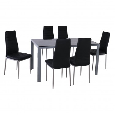 JETTA-DEGO Set Τραπεζαρία: Τραπέζι   6 Καρέκλες, Μέταλλο Γκρι - Γυαλί Μαύρο - PVC Μαύρο  Table:140x80x75 Chair:40x50x95 [-Γκρι-, -Μαύρο-] [-PU - PVC-, -Μέταλλο-] ΕΜ966,S5