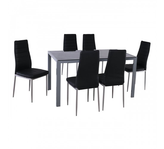 JETTA-DEGO Set Τραπεζαρία: Τραπέζι   6 Καρέκλες, Μέταλλο Γκρι - Γυαλί Μαύρο - PVC Μαύρο  Table:140x80x75 Chair:40x50x95 [-Γκρι-, -Μαύρο-] [-PU - PVC-, -Μέταλλο-] ΕΜ966,S5