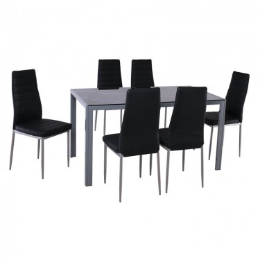 JETTA-DEGO Set Τραπεζαρία: Τραπέζι   6 Καρέκλες, Μέταλλο Γκρι - Γυαλί Μαύρο - PVC Μαύρο  Table:140x80x75 Chair:40x50x95 [-Γκρι-, -Μαύρο-] [-PU - PVC-, -Μέταλλο-] ΕΜ966,S5