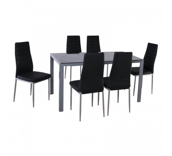 JETTA-DEGO Set Τραπεζαρία: Τραπέζι   6 Καρέκλες, Μέταλλο Γκρι - Γυαλί Μαύρο - PVC Μαύρο  Table:140x80x75 Chair:40x50x95 [-Γκρι-, -Μαύρο-] [-PU - PVC-, -Μέταλλο-] ΕΜ966,S5
