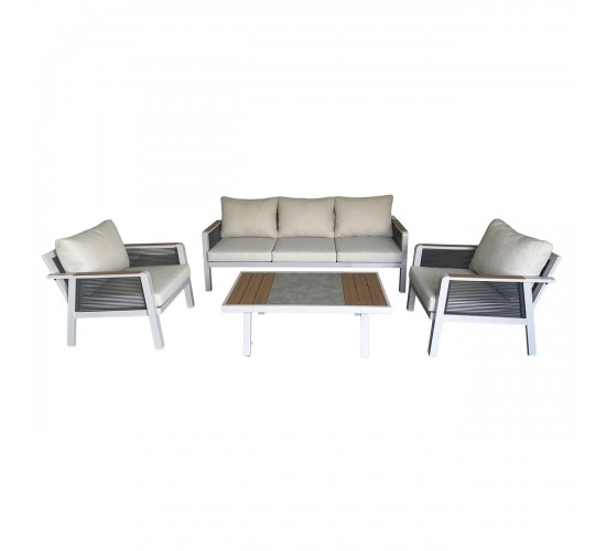 TORO Set Σαλόνι Κήπου 4τεμ, Alu Άσπρο, Rope Wicker Ανθρακί , Polywood Φυσικό, Μαξ.Εκρού  203x84x75-75x84x75-120x65x40cm [-Ανθρακί-, -Άσπρο-] [-Wicker-, -Αλουμίνιο-] Ε6878