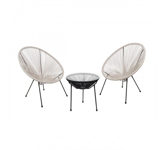 ACAPULCO Set Κήπου - Βεράντας: Τραπέζι 2 Πολυθρόνες, Μέταλλο Μαύρο / Rattan Άσπρο & Μαύρο  Τραπ:Φ50x50cm - Πολ:70x69x81cm [-Άσπρο-, -Μαύρο-] [-Wicker-, -Μέταλλο-] Ε245,12S