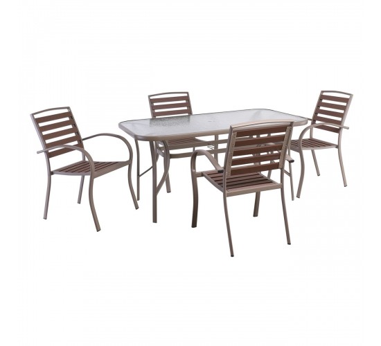 SERRANO-RIO Set Κήπου: Τραπέζι   4 Πολυθρόνες, Μέταλλο Βαφή Beige, Polywood Καρυδί  Table:150x90x71 Chair:56x64x88 [-Καρυδί-, -Μπεζ-Tortora-Sand-Cappuccino-] [-Polywood-, -Μέταλλο-] Ε6892,S