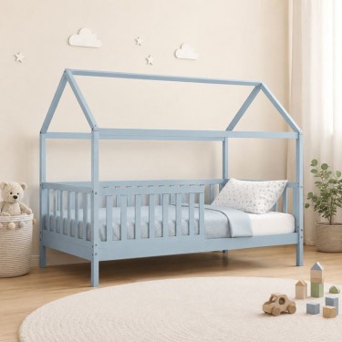 DREAM τ.Montessori Παιδικό Κρεβάτι με Στρώμα 90x190/19cm, Ξύλο Πεύκου Απόχρωση Γαλάζιο  197x97x132cm [-Άσπρο-, -Μπλε-] [-Spring/Διπλής Όψης-, -Ξύλο-] ΕΚ701,3S