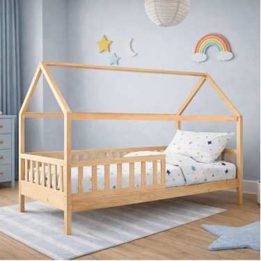 DREAM τ.Montessori Παιδικό Κρεβάτι με Στρώμα 90x190/19cm, Ξύλο Πεύκου Απόχρωση Φυσικό  197x97x132cm [-Άσπρο-, -Φυσικό-] [-Spring/Διπλής Όψης-, -Ξύλο-] ΕΚ701,4S