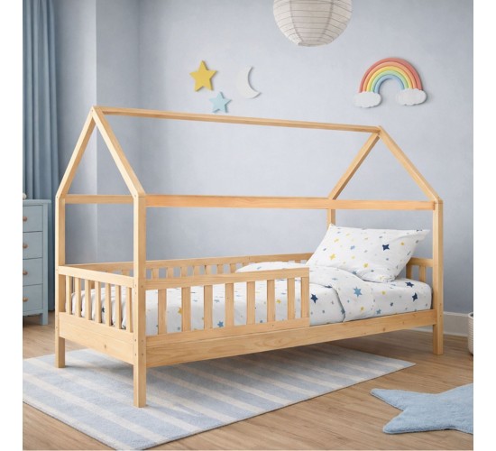 DREAM τ.Montessori Παιδικό Κρεβάτι με Στρώμα 90x190/19cm, Ξύλο Πεύκου Απόχρωση Φυσικό  197x97x132cm [-Άσπρο-, -Φυσικό-] [-Spring/Διπλής Όψης-, -Ξύλο-] ΕΚ701,4S