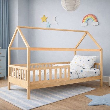 DREAM τ.Montessori Παιδικό Κρεβάτι με Στρώμα 90x190/19cm, Ξύλο Πεύκου Απόχρωση Φυσικό  197x97x132cm [-Άσπρο-, -Φυσικό-] [-Spring/Διπλής Όψης-, -Ξύλο-] ΕΚ701,4S