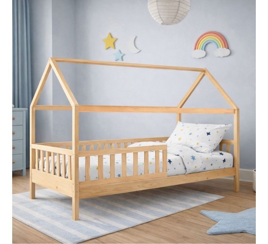 DREAM τ.Montessori Παιδικό Κρεβάτι με Στρώμα 90x190/19cm, Ξύλο Πεύκου Απόχρωση Φυσικό  197x97x132cm [-Άσπρο-, -Φυσικό-] [-Spring/Διπλής Όψης-, -Ξύλο-] ΕΚ701,4S