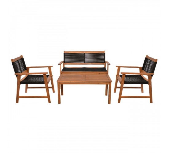 SPRING Set Σαλόνι Κήπου Ακακία Φυσικό, Wicker Μαύρο: Τραπέζι   Καναπέ 2Θέσιο   2 Πολυθρόνες  100x50x45/120x68x84/67x65x84cm [-Μαύρο-, -Φυσικό-] [-Wicker-, -Ξύλο-] Ε235,1