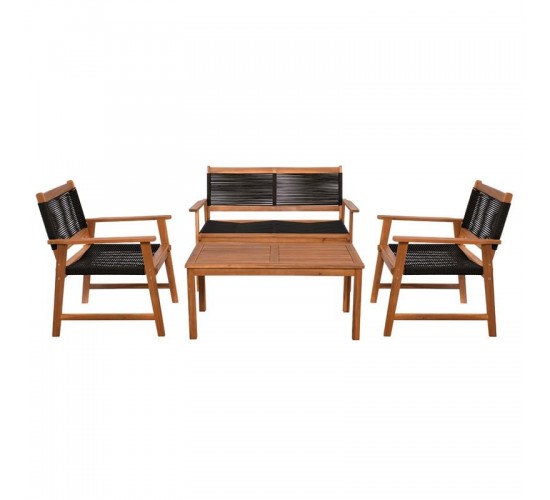 SPRING Set Σαλόνι Κήπου Ακακία Φυσικό, Wicker Μαύρο: Τραπέζι   Καναπέ 2Θέσιο   2 Πολυθρόνες  100x50x45/120x68x84/67x65x84cm [-Μαύρο-, -Φυσικό-] [-Wicker-, -Ξύλο-] Ε235,1