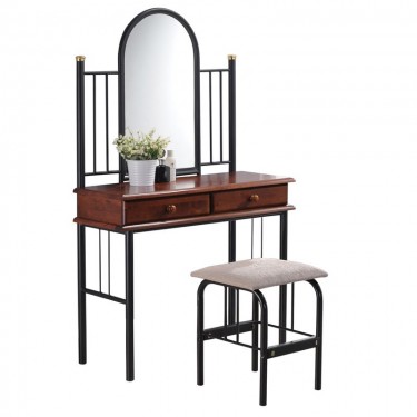FLORA SET Τουαλέτα με Καθρέπτη   Σκαμπό 2 Συρτάρια, Μέταλλο Βαφή Μαύρο, Ξύλο Καρυδί  90x37x148cm - Stool:40x34x47cm [-Καρυδί-, -Μαύρο-] [-Μέταλλο-, -Ξύλο-] Ε8028