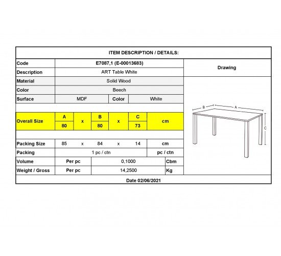 ART Τραπέζι Άσπρο MDF  80x80 H.73cm [-Φυσικό/Άσπρο-] [-Ξύλο-] Ε7087,1