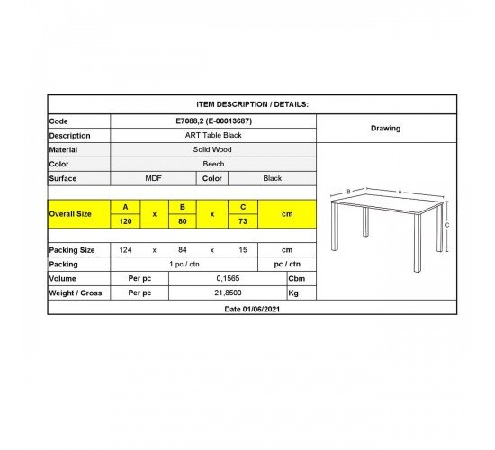 ART Τραπέζι Τραπεζαρίας Κουζίνας - Μαύρο MDF  120x80x73cm [-Φυσικό/Μαύρο-] [-Ξύλο-] Ε7088,2