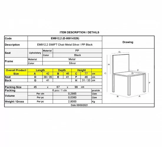 SWIFT Καρέκλα Στοιβαζόμενη Mέταλλο Βαφή Silver, PP Μαύρο  42x46x77cm [-Γκρι-, -Μαύρο-] [-PP - PC - ABS-, -Μέταλλο-] ΕΜ912,2