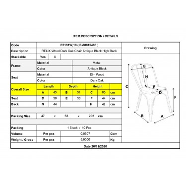 RELIX Wood Καρέκλα-Pro, Στοιβαζόμενη, Μέταλλο Βαφή Antique Black,Κάθισμα Dark Oak  45x51x85cm [-Καρυδί-, -Μαύρο-] [-Μέταλλο-, -Ξύλο-] Ε5191W,10