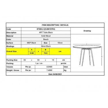 ART Wood Τραπέζι, Πόδια Οξιά Φυσικό, Επιφάνεια MDF Μαύρο  Φ60cm H.70cm [-Μαύρο-, -Φυσικό-] [-Ξύλο-] Ε7082,2