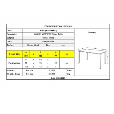 MAISON WESTERN Τραπέζι Τραπεζαρίας, Ξύλο Mango Antique Άσπρο  200x100x77cm [-Άσπρο-] [-Ξύλο-] ΕΙ927