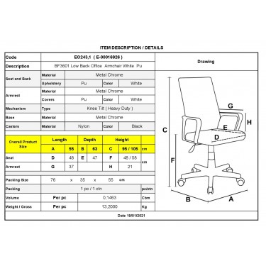 BF3601 Πολυθρόνα Γραφείου Μέταλλο Βάση Χρώμιο - PU Άσπρο  55x63x95/105cm [-Άσπρο-] [-PU - PVC-] ΕΟ243,1