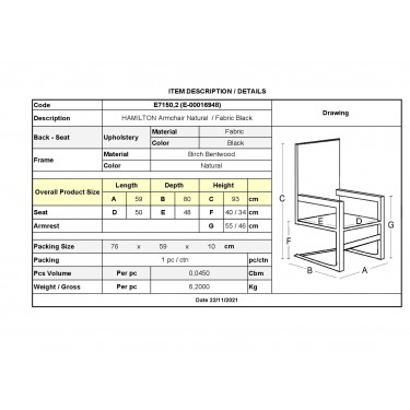 HAMILTON Πολυθρόνα Σαλονιού Καθιστικού, Σημύδα - Ύφασμα Μαύρο  59x80x93cm [-Μαύρο-, -Φυσικό-] [-Ξύλο-, -Ύφασμα-] Ε7150,2