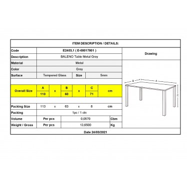 BALENO Τραπέζι Κήπου - Βεράντας, Μέταλλο Βαφή Ανθρακί, Γυαλί Tempered  110x60x71cm [-Ανθρακί-] [-Γυαλί-, -Μέταλλο-] Ε2403,1