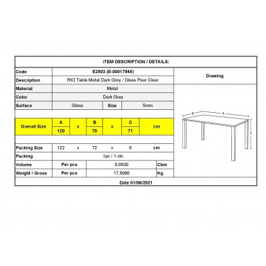 RIO Τραπέζι Κήπου - Βεράντας, Μέταλλο Βαφή Ανθρακί, Γυαλί  120x70x71cm [-Ανθρακί-] [-Γυαλί-, -Μέταλλο-] Ε2503