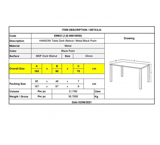 HANSON Τραπέζι Κουζίνας Τραπεζαρίας, Μέταλλο Βαφή Μαύρο, Σκούρο Καρυδί  160x90x75cm [-Μαύρο/Καρυδί-] [-Μέταλλο/Paper-] ΕΜ821,2