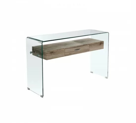 GLASSER Wood Κονσόλα Γυαλί Clear 12mm - Ράφι με Συρτάρι Απόχρωση Δρυς  120x40x75cm [-Διάφανο-, -Φυσικό-] [-MDF - Κόντρα Πλακέ - Καπλαμάς - Νοβοπάν-, -Γυαλί-] ΕΜ737