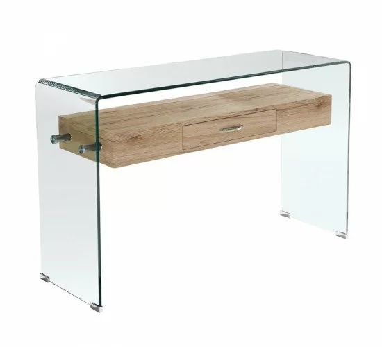 GLASSER Wood Κονσόλα Γυαλί Clear 12mm - Ράφι με Συρτάρι Απόχρωση Δρυς  120x40x75cm [-Διάφανο-, -Φυσικό-] [-MDF - Κόντρα Πλακέ - Καπλαμάς - Νοβοπάν-, -Γυαλί-] ΕΜ737