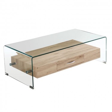 GLASSER Wood Τραπεζάκι Σαλονιού Γυαλί 12mm - Ράφι με Συρτάρι Απόχρωση Δρυς  110x55x35cm [-Διάφανο-, -Φυσικό-] [-MDF - Κόντρα Πλακέ - Καπλαμάς - Νοβοπάν-, -Γυαλί-] ΕΜ738