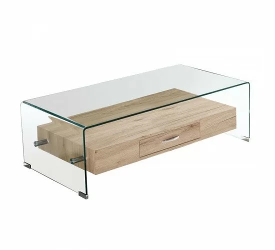 GLASSER Wood Τραπεζάκι Σαλονιού Γυαλί 12mm - Ράφι με Συρτάρι Απόχρωση Δρυς  110x55x35cm [-Φυσικό/Clear-] [-Bent Glass/Paper-] ΕΜ738