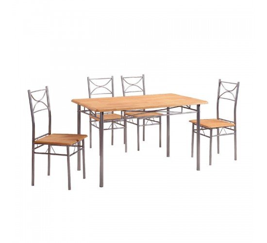 LORETO Set Τραπεζαρία Σαλονιού Κουζίνας: Τραπέζι   4 Καρέκλες Μέταλλο Βαφή Silver, Φυσικό  Τρ.120x70x74 / Καρ.40x40x90 cm [-Silver/Φυσικό-] [-Μέταλλο/MDF - Καπλαμάς - Κόντρα Πλακέ - Νοβοπάν-] ΕΜ9792